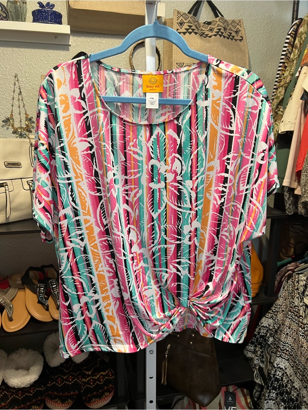 Ruby Rd. Striped Tropical Knot Front Tunic - Pink, Teal & Gold